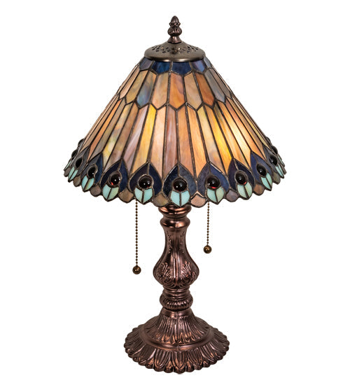 Meyda Lighting Tiffany Jeweled Peacock 19" 2-Light Mahogany Bronze Accent Table Lamp With Multi-Colored Shade Glass