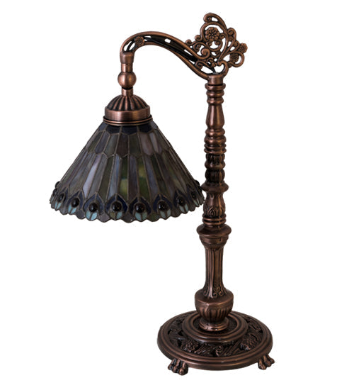 Meyda Lighting Tiffany Jeweled Peacock 19" Mahogany Bronze Bridge Arm Desk Table Lamp With Multi-Colored Stained Shade Glass