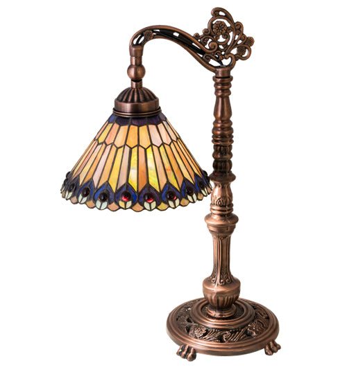 Meyda Lighting Tiffany Jeweled Peacock 19" Mahogany Bronze Bridge Arm Desk Table Lamp With Multi-Colored Stained Shade Glass