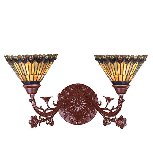 Meyda Lighting Tiffany Jeweled Peacock 21" 2-Light Mahogany Bronze Wall Sconce With Multi-Colored Shade Glass