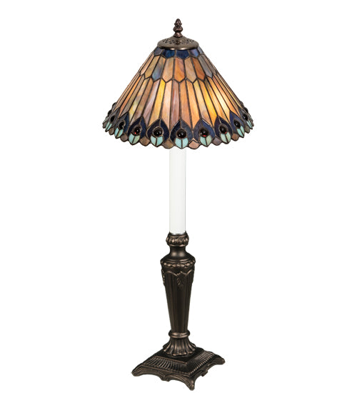 Meyda Lighting Tiffany Jeweled Peacock 23" Mahogany Bronze Buffet Table Lamp With Multi-Colored Shade Glass