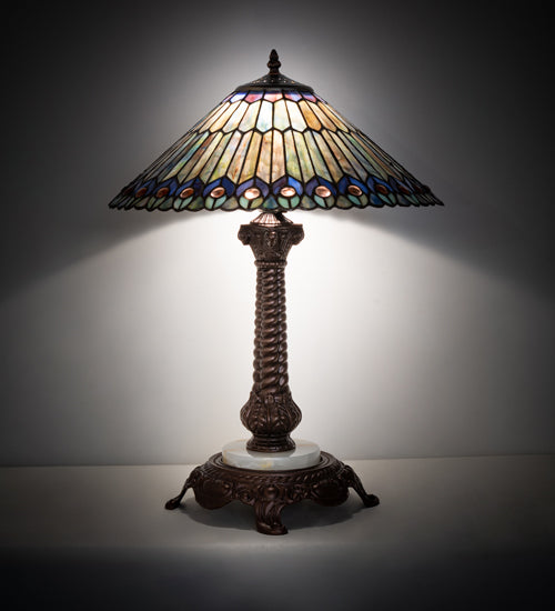 Meyda Lighting Tiffany Jeweled Peacock 23" Mahogany Bronze Table Lamp With Multi-Colored Shade Glass