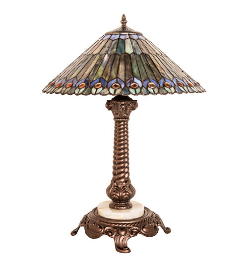 Meyda Lighting Tiffany Jeweled Peacock 23" Mahogany Bronze Table Lamp With Multi-Colored Shade Glass