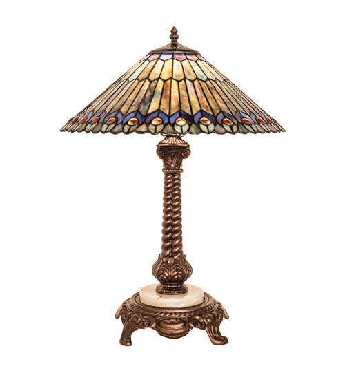 Meyda Lighting Tiffany Jeweled Peacock 23" Mahogany Bronze Table Lamp With Multi-Colored Shade Glass