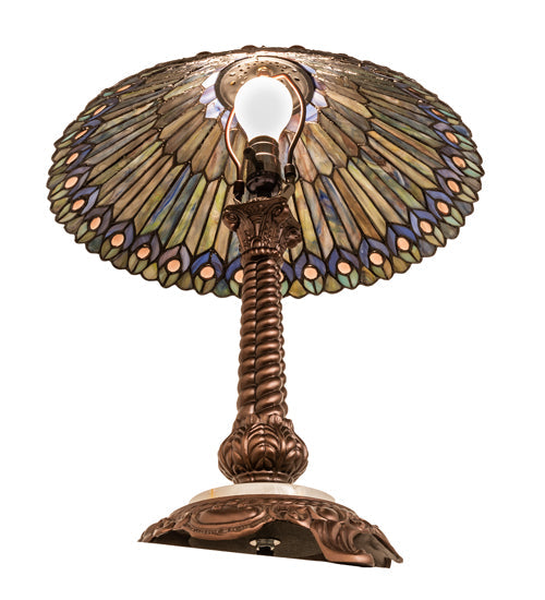 Meyda Lighting Tiffany Jeweled Peacock 23" Mahogany Bronze Table Lamp With Multi-Colored Shade Glass