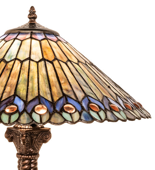 Meyda Lighting Tiffany Jeweled Peacock 23" Mahogany Bronze Table Lamp With Multi-Colored Shade Glass