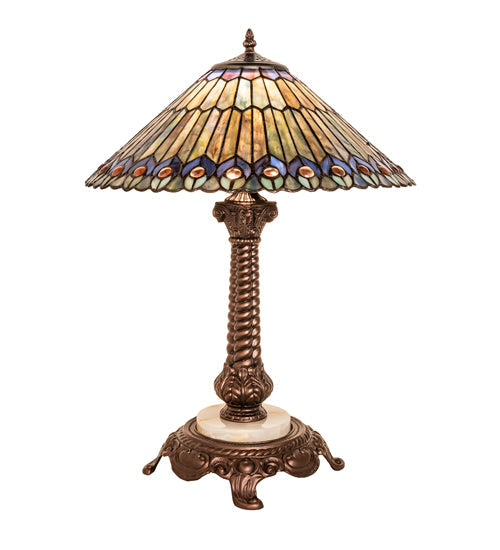 Meyda Lighting Tiffany Jeweled Peacock 23" Mahogany Bronze Table Lamp With Multi-Colored Shade Glass