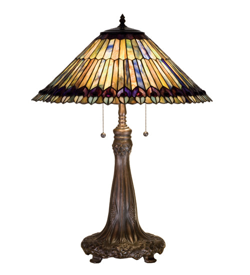 Meyda Lighting Tiffany Jeweled Peacock 27" 2-Light Mahogany Bronze Table Lamp With Multi-Colored Stained Shade Glass