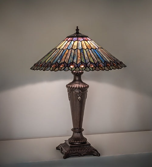 Meyda Lighting Tiffany Jeweled Peacock 27563 23" Mahogany Bronze Table Lamp With Multi-Colored Shade Glass