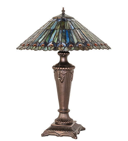 Meyda Lighting Tiffany Jeweled Peacock 27563 23" Mahogany Bronze Table Lamp With Multi-Colored Shade Glass