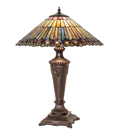 Meyda Lighting Tiffany Jeweled Peacock 27563 23" Mahogany Bronze Table Lamp With Multi-Colored Shade Glass