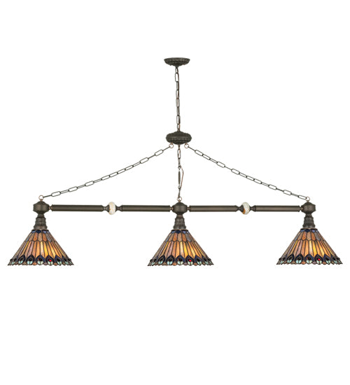 Meyda Lighting Tiffany Jeweled Peacock 28501 45" 3-Light Mahogany Bronze Island Pendant Light With Multi-Colored Shade Glass