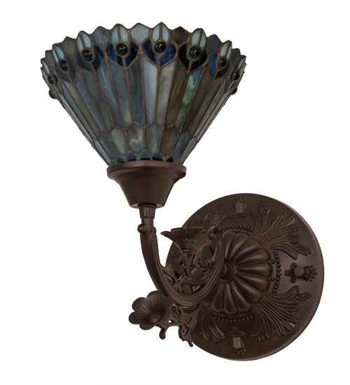 Meyda Lighting Tiffany Jeweled Peacock 31970 8" Mahogany Bronze Wall Sconce With Multi-Colored Shade Glass