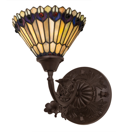 Meyda Lighting Tiffany Jeweled Peacock 31970 8" Mahogany Bronze Wall Sconce With Multi-Colored Shade Glass