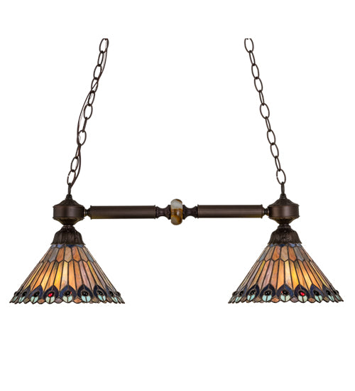 Meyda Lighting Tiffany Jeweled Peacock 33" 2-Light Mahogany Bronze Island Pendant Light With Multi-Colored Shade Glass