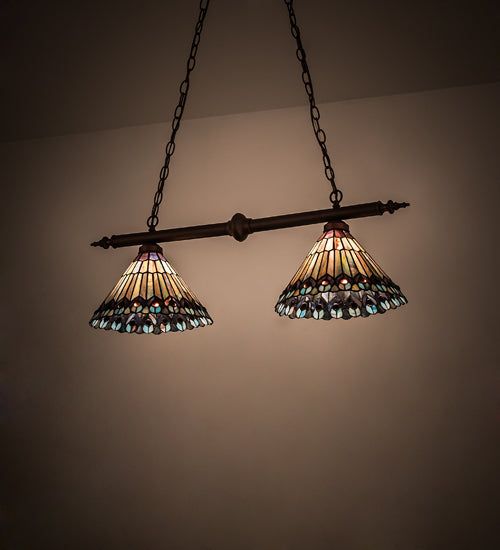 Meyda Lighting Tiffany Jeweled Peacock 34" 2-Light Mahogany Bronze Island Pendant Light With Multi-Colored Shade Glass