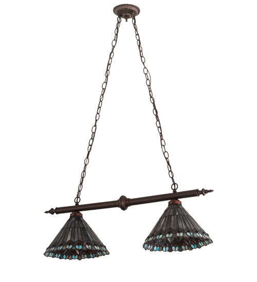 Meyda Lighting Tiffany Jeweled Peacock 34" 2-Light Mahogany Bronze Island Pendant Light With Multi-Colored Shade Glass