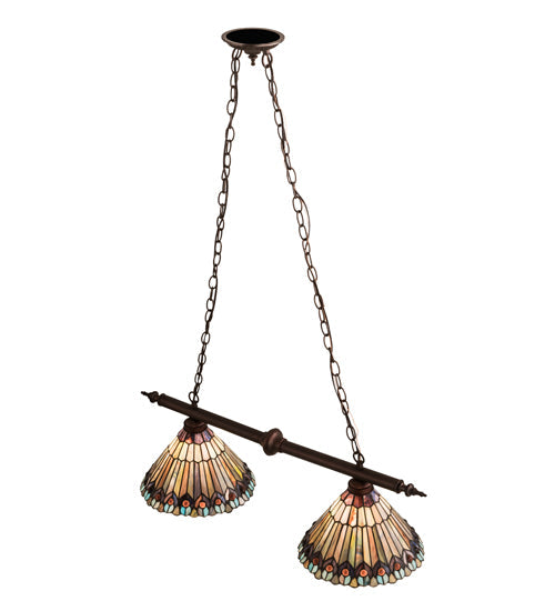 Meyda Lighting Tiffany Jeweled Peacock 34" 2-Light Mahogany Bronze Island Pendant Light With Multi-Colored Shade Glass