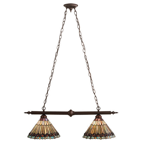 Meyda Lighting Tiffany Jeweled Peacock 34" 2-Light Mahogany Bronze Island Pendant Light With Multi-Colored Shade Glass