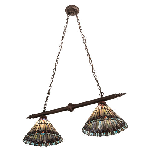 Meyda Lighting Tiffany Jeweled Peacock 34" 2-Light Mahogany Bronze Island Pendant Light With Multi-Colored Shade Glass