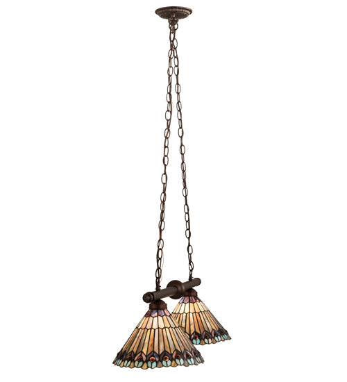 Meyda Lighting Tiffany Jeweled Peacock 34" 2-Light Mahogany Bronze Island Pendant Light With Multi-Colored Shade Glass