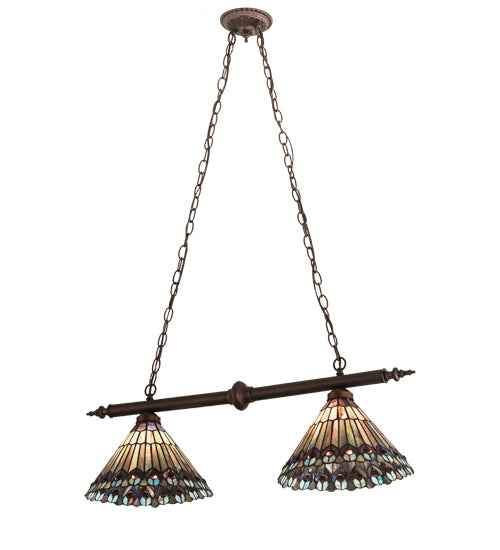 Meyda Lighting Tiffany Jeweled Peacock 34" 2-Light Mahogany Bronze Island Pendant Light With Multi-Colored Shade Glass