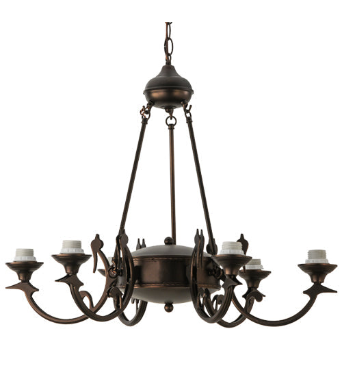 Meyda Lighting Tiffany Jeweled Peacock 34" 6-Light Mahogany Bronze Chandelier With Multi-Colored Shade Glass