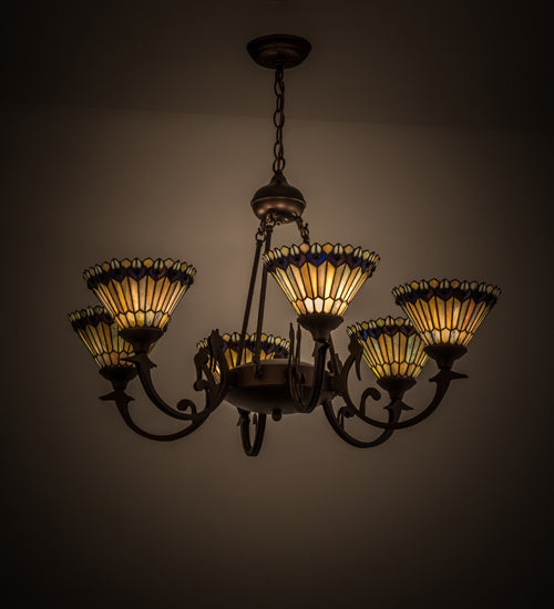 Meyda Lighting Tiffany Jeweled Peacock 34" 6-Light Mahogany Bronze Chandelier With Multi-Colored Shade Glass