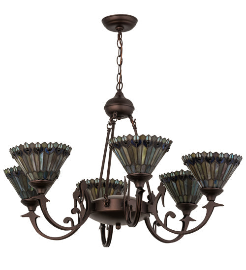 Meyda Lighting Tiffany Jeweled Peacock 34" 6-Light Mahogany Bronze Chandelier With Multi-Colored Shade Glass