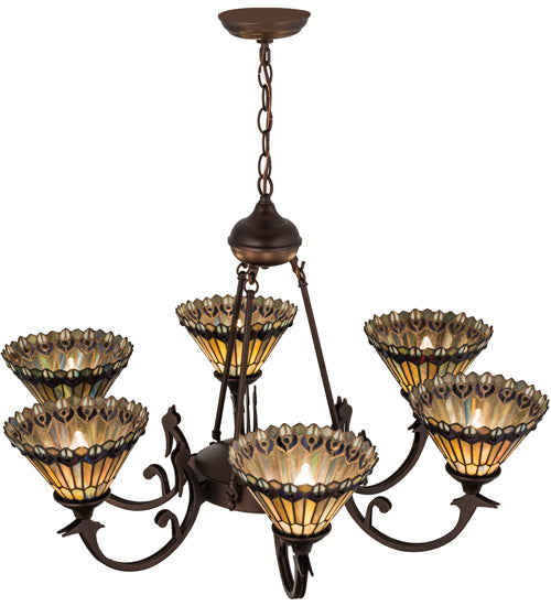 Meyda Lighting Tiffany Jeweled Peacock 34" 6-Light Mahogany Bronze Chandelier With Multi-Colored Shade Glass
