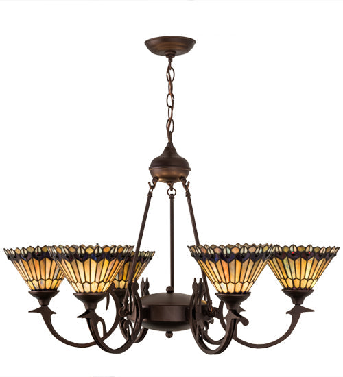 Meyda Lighting Tiffany Jeweled Peacock 34" 6-Light Mahogany Bronze Chandelier With Multi-Colored Shade Glass