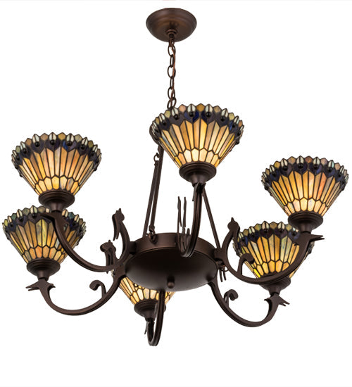 Meyda Lighting Tiffany Jeweled Peacock 34" 6-Light Mahogany Bronze Chandelier With Multi-Colored Shade Glass