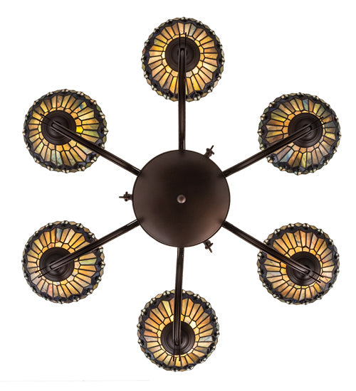 Meyda Lighting Tiffany Jeweled Peacock 34" 6-Light Mahogany Bronze Chandelier With Multi-Colored Shade Glass