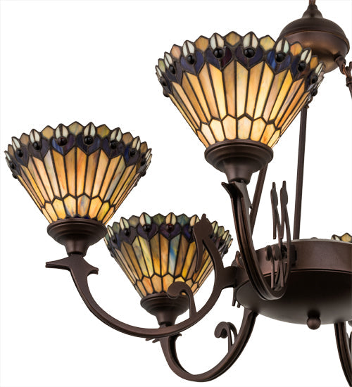 Meyda Lighting Tiffany Jeweled Peacock 34" 6-Light Mahogany Bronze Chandelier With Multi-Colored Shade Glass