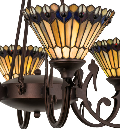 Meyda Lighting Tiffany Jeweled Peacock 34" 6-Light Mahogany Bronze Chandelier With Multi-Colored Shade Glass