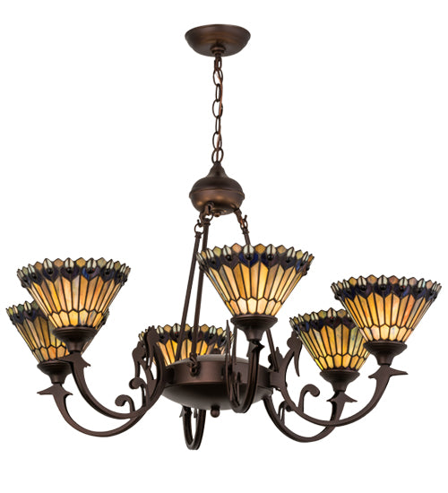 Meyda Lighting Tiffany Jeweled Peacock 34" 6-Light Mahogany Bronze Chandelier With Multi-Colored Shade Glass