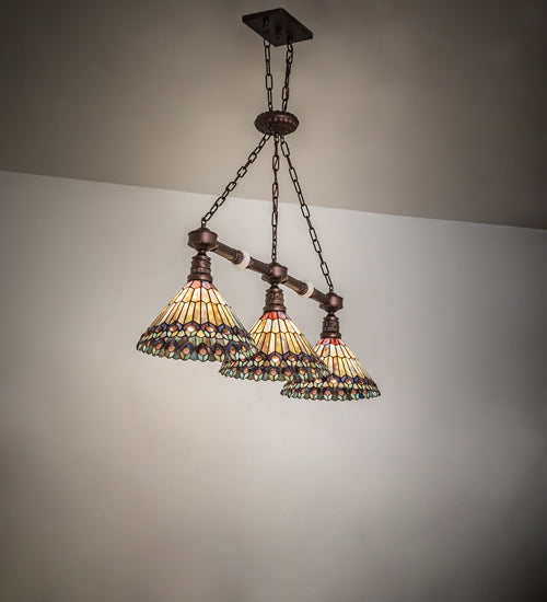 Meyda Lighting Tiffany Jeweled Peacock 45" 3-Light Mahogany Bronze Island Pendant Light With Multi-Colored Shade Glass
