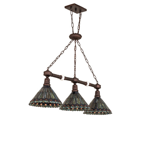 Meyda Lighting Tiffany Jeweled Peacock 45" 3-Light Mahogany Bronze Island Pendant Light With Multi-Colored Shade Glass