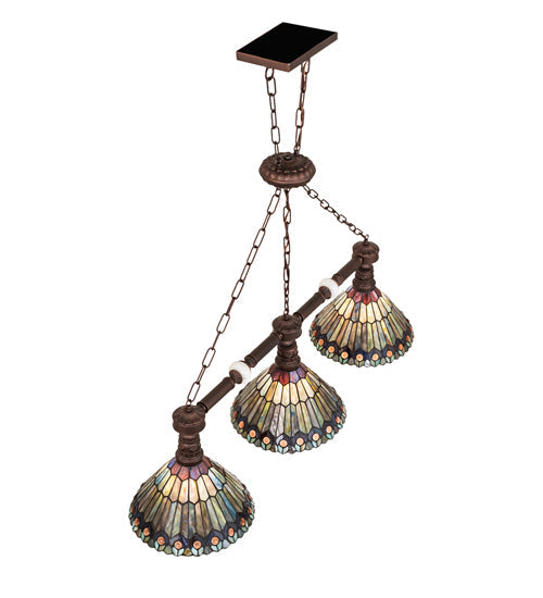 Meyda Lighting Tiffany Jeweled Peacock 45" 3-Light Mahogany Bronze Island Pendant Light With Multi-Colored Shade Glass