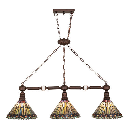 Meyda Lighting Tiffany Jeweled Peacock 45" 3-Light Mahogany Bronze Island Pendant Light With Multi-Colored Shade Glass