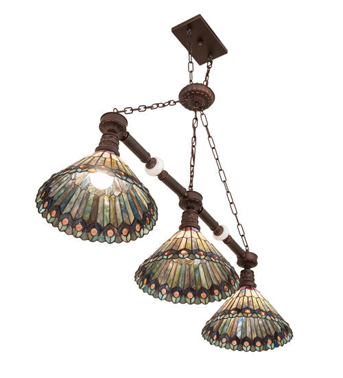 Meyda Lighting Tiffany Jeweled Peacock 45" 3-Light Mahogany Bronze Island Pendant Light With Multi-Colored Shade Glass