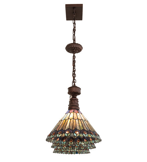 Meyda Lighting Tiffany Jeweled Peacock 45" 3-Light Mahogany Bronze Island Pendant Light With Multi-Colored Shade Glass