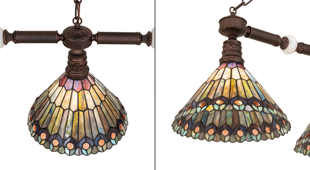 Meyda Lighting Tiffany Jeweled Peacock 45" 3-Light Mahogany Bronze Island Pendant Light With Multi-Colored Shade Glass