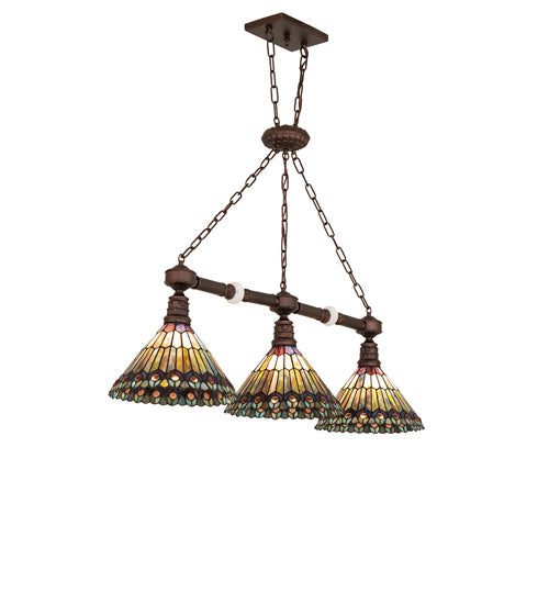 Meyda Lighting Tiffany Jeweled Peacock 45" 3-Light Mahogany Bronze Island Pendant Light With Multi-Colored Shade Glass
