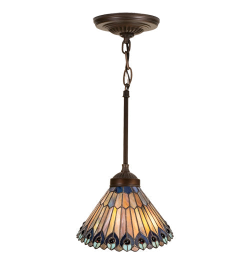 Meyda Lighting Tiffany Jeweled Peacock 50399 12" Mahogany Bronze Pendant Light With Multi-Colored Stained Shade Glass