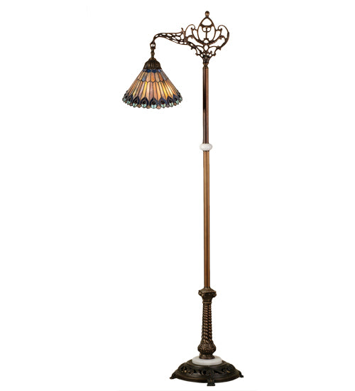 Meyda Lighting Tiffany Jeweled Peacock 60" Mahogany Bronze Bridge Arm Floor Lamp With Multi-Colored Stained Shade Glass