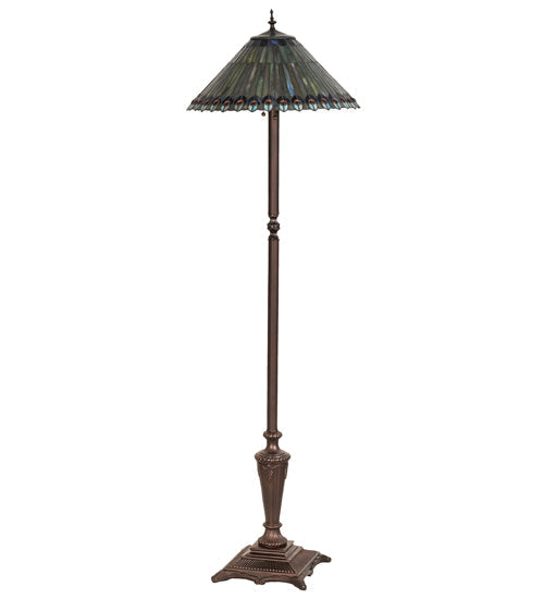 Meyda Lighting Tiffany Jeweled Peacock 64" 3-Light Mahogany Bronze Peacock Floor Lamp With Multi-Colored Stained Shade Glass