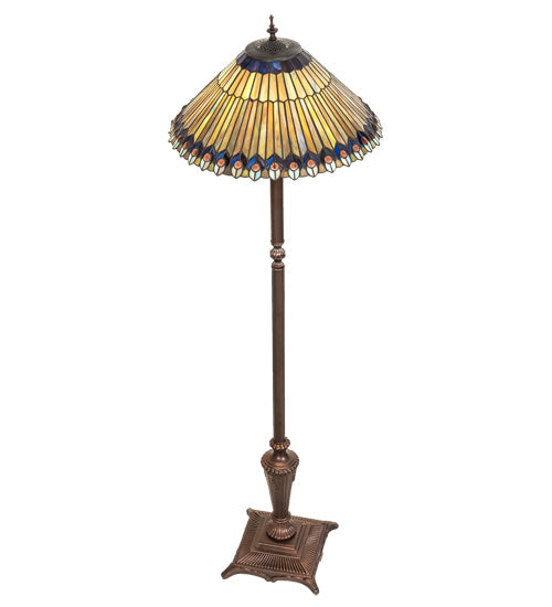 Meyda Lighting Tiffany Jeweled Peacock 64" 3-Light Mahogany Bronze Peacock Floor Lamp With Multi-Colored Stained Shade Glass