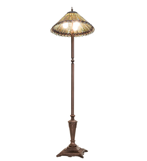 Meyda Lighting Tiffany Jeweled Peacock 64" 3-Light Mahogany Bronze Peacock Floor Lamp With Multi-Colored Stained Shade Glass