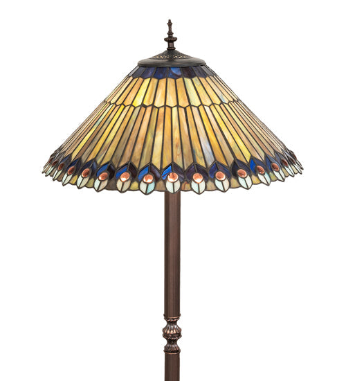 Meyda Lighting Tiffany Jeweled Peacock 64" 3-Light Mahogany Bronze Peacock Floor Lamp With Multi-Colored Stained Shade Glass